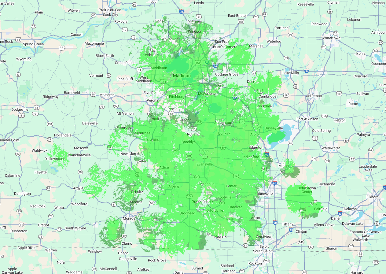 Coverage Map Street View Map of South Central Wisconsin Displaying Coverage Area